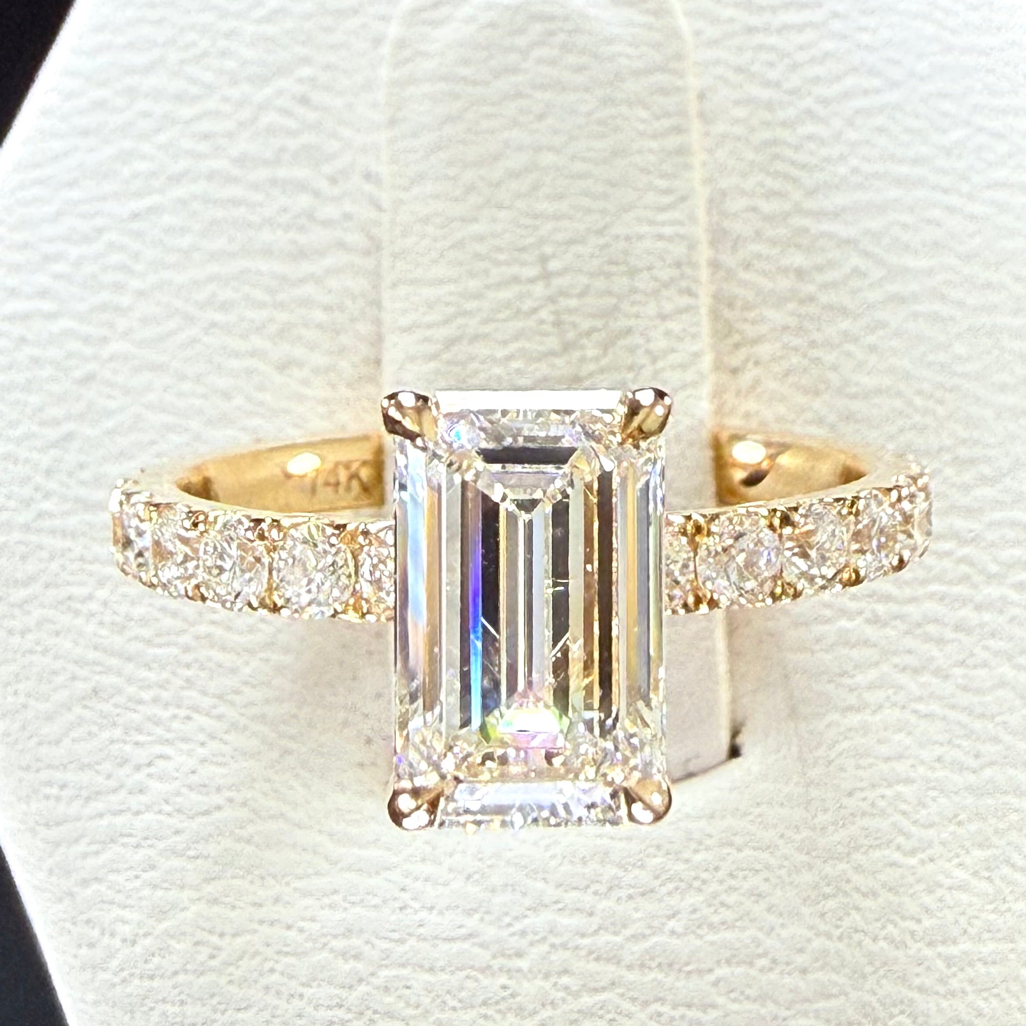 2.25 CTTW Elongated Emerald Cut Lab Grown Diamond IGI Certified 14K Pave Yellow Gold Engagement Ring