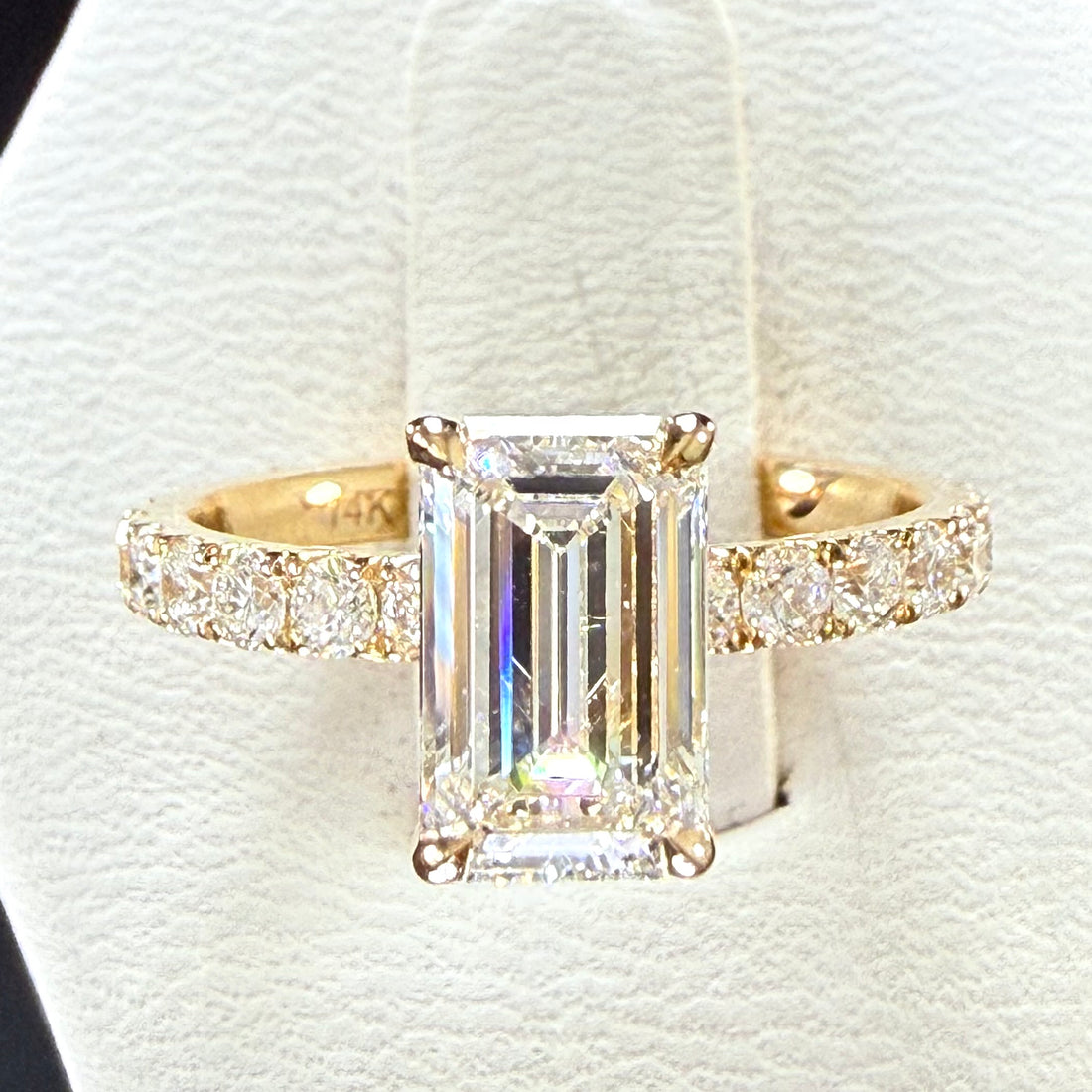 2.25 CTTW Elongated Emerald Cut Lab Grown Diamond IGI Certified 14K Pave Yellow Gold Engagement Ring