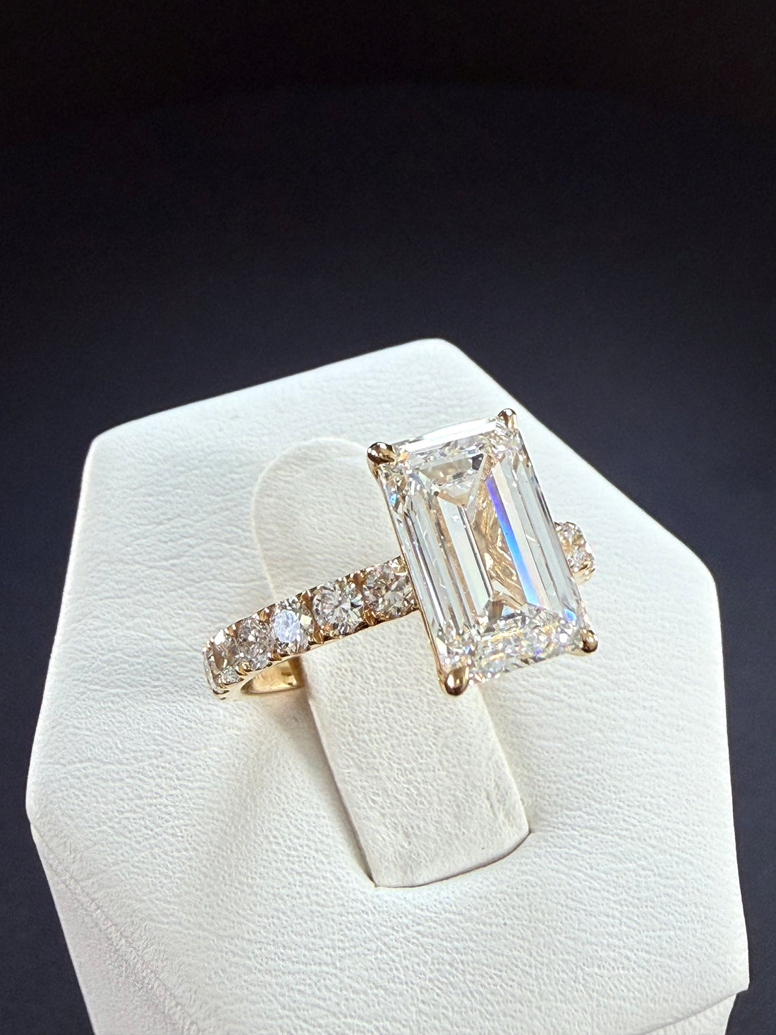 Elongated Emerald Cut Lab Grown Diamond Engagement Ring | 3.75ct IGI Certified | 14K Yellow Gold Pavé