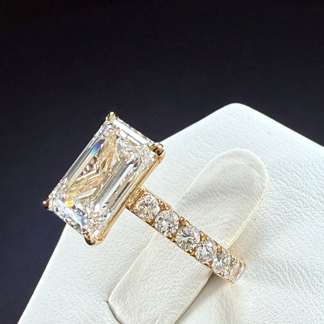 Elongated Emerald Cut Lab Grown Diamond Engagement Ring | 3.75ct IGI Certified | 14K Yellow Gold Pavé