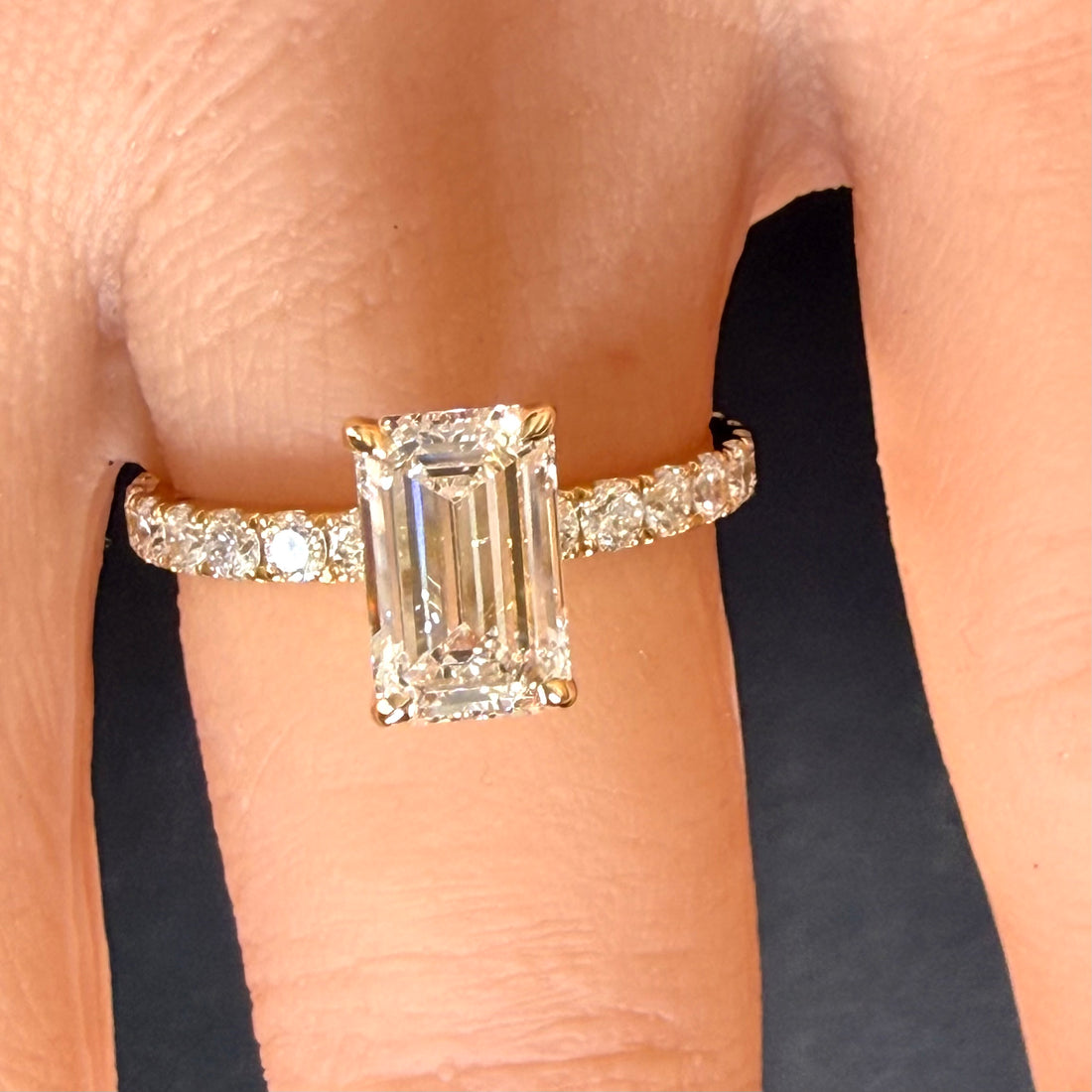 2.25 CTTW Elongated Emerald Cut Lab Grown Diamond IGI Certified 14K Pave Yellow Gold Engagement Ring