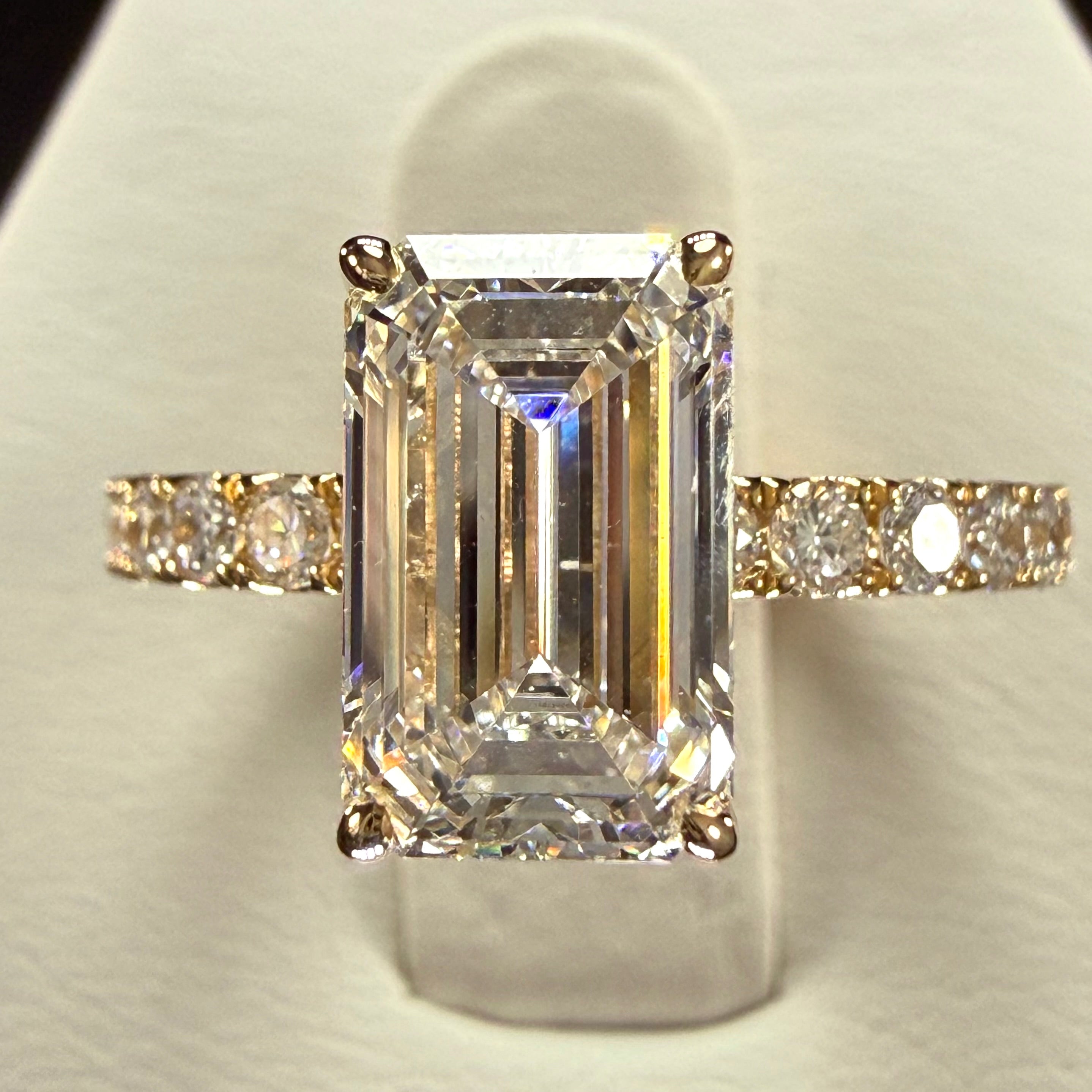 Elongated Emerald Cut Lab Grown Diamond Engagement Ring | 3.75ct IGI Certified | 14K Yellow Gold Pavé