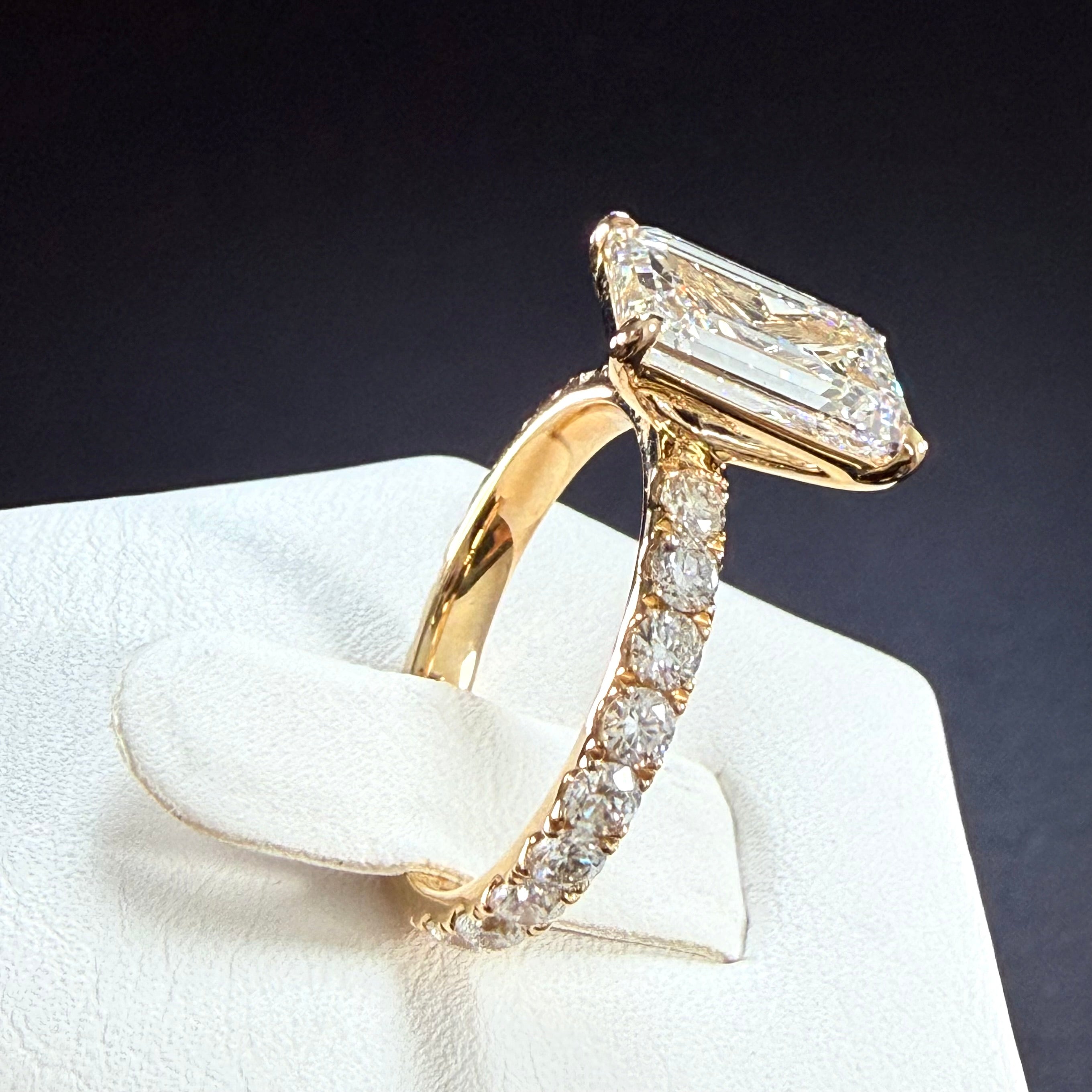 Elongated Emerald Cut Lab Grown Diamond Engagement Ring | 3.75ct IGI Certified | 14K Yellow Gold Pavé