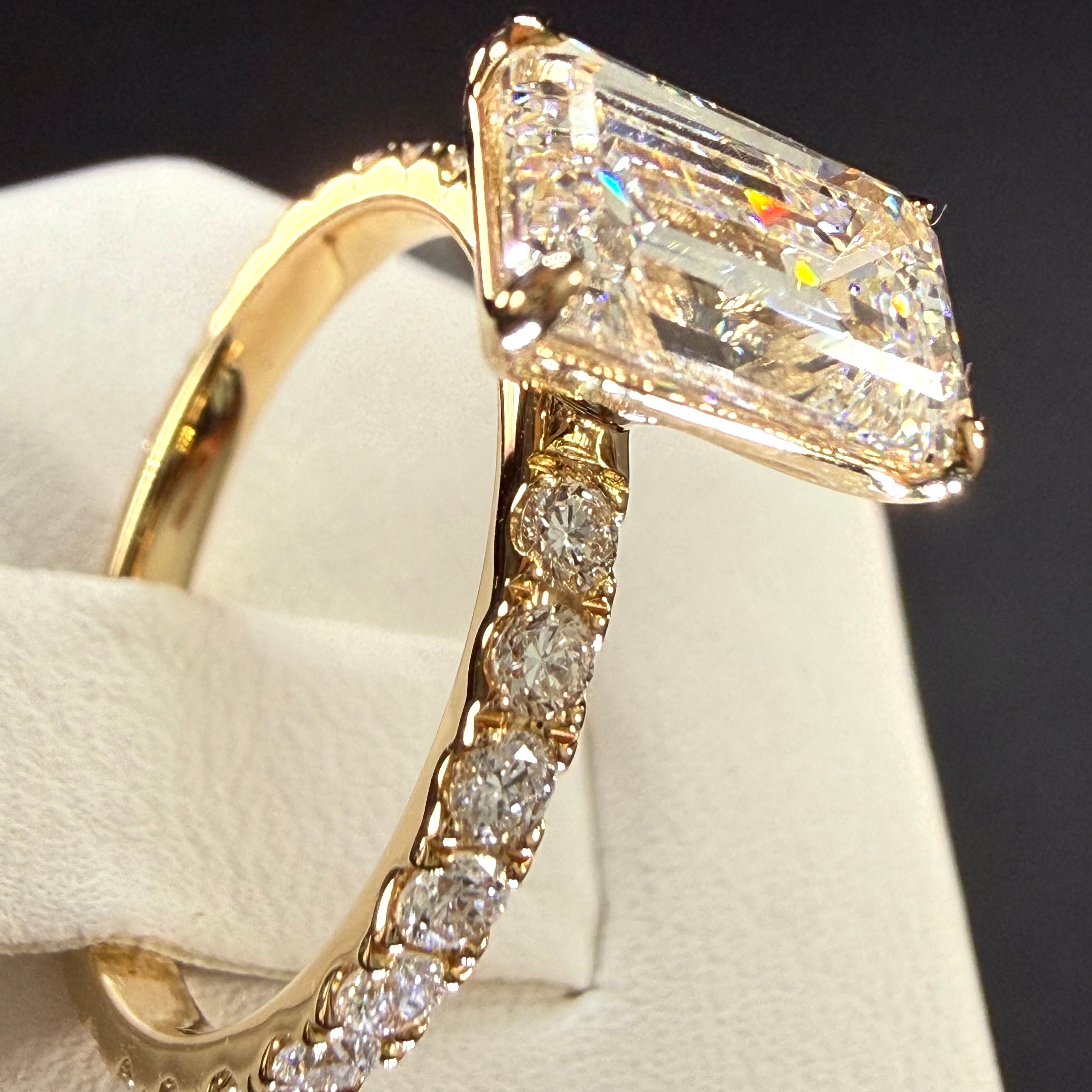 Elongated Emerald Cut Lab Grown Diamond Engagement Ring | 2.8ct IGI Certified | 14K Yellow Gold Pavé