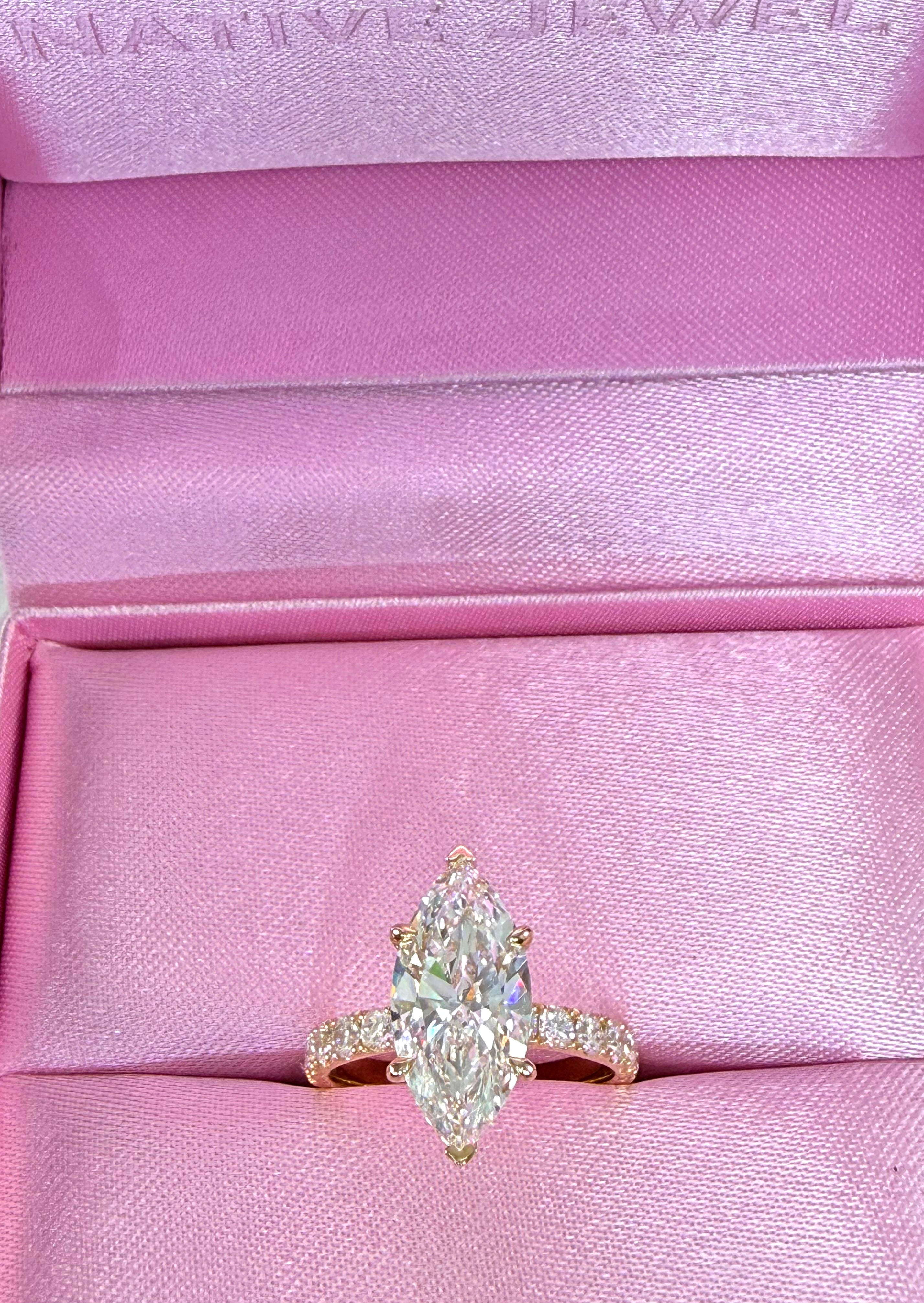 Marquise Cut Lab Grown Diamond Engagement Ring | 3.75ct IGI Certified | 14K Yellow Gold Pavé