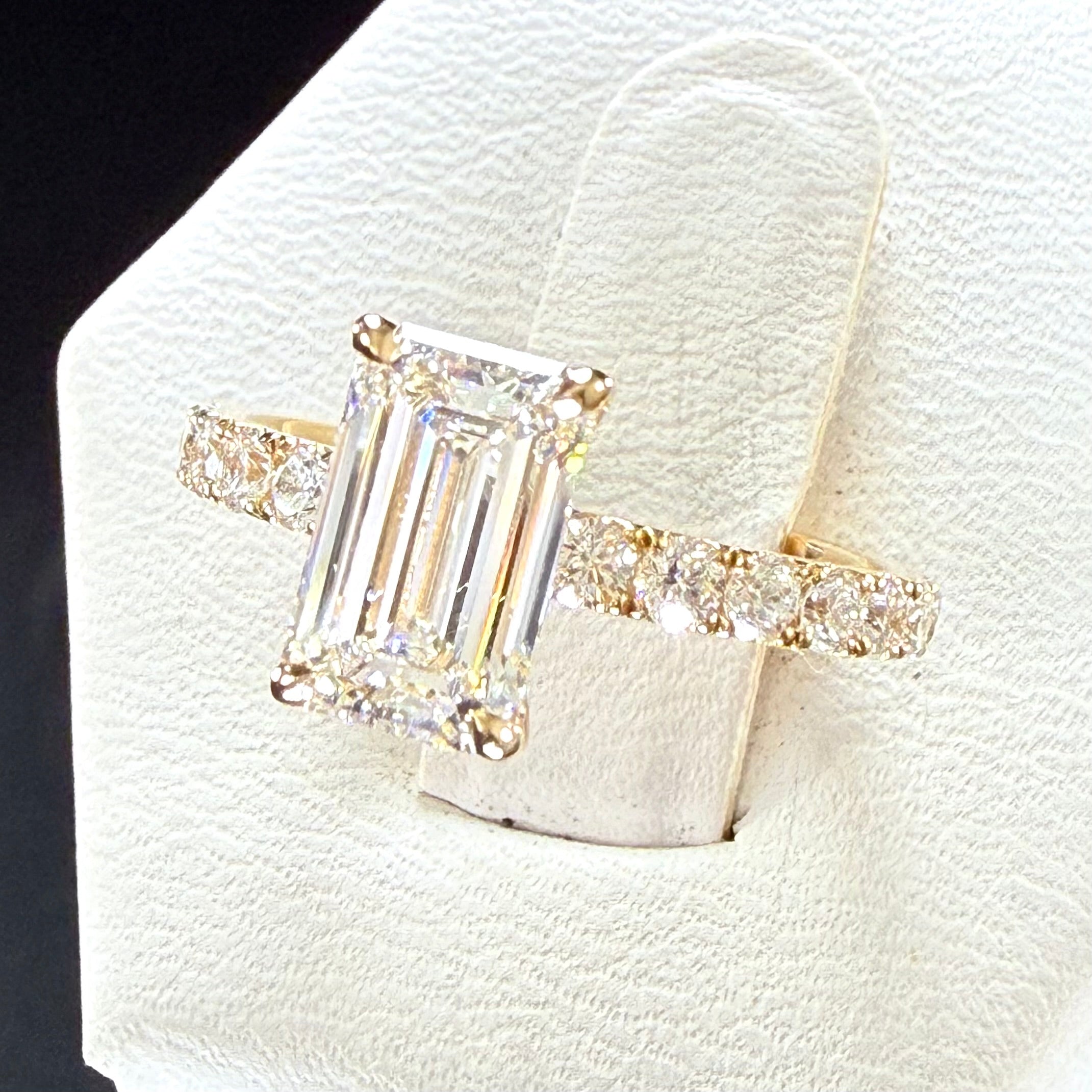2.25 CTTW Elongated Emerald Cut Lab Grown Diamond IGI Certified 14K Pave Yellow Gold Engagement Ring