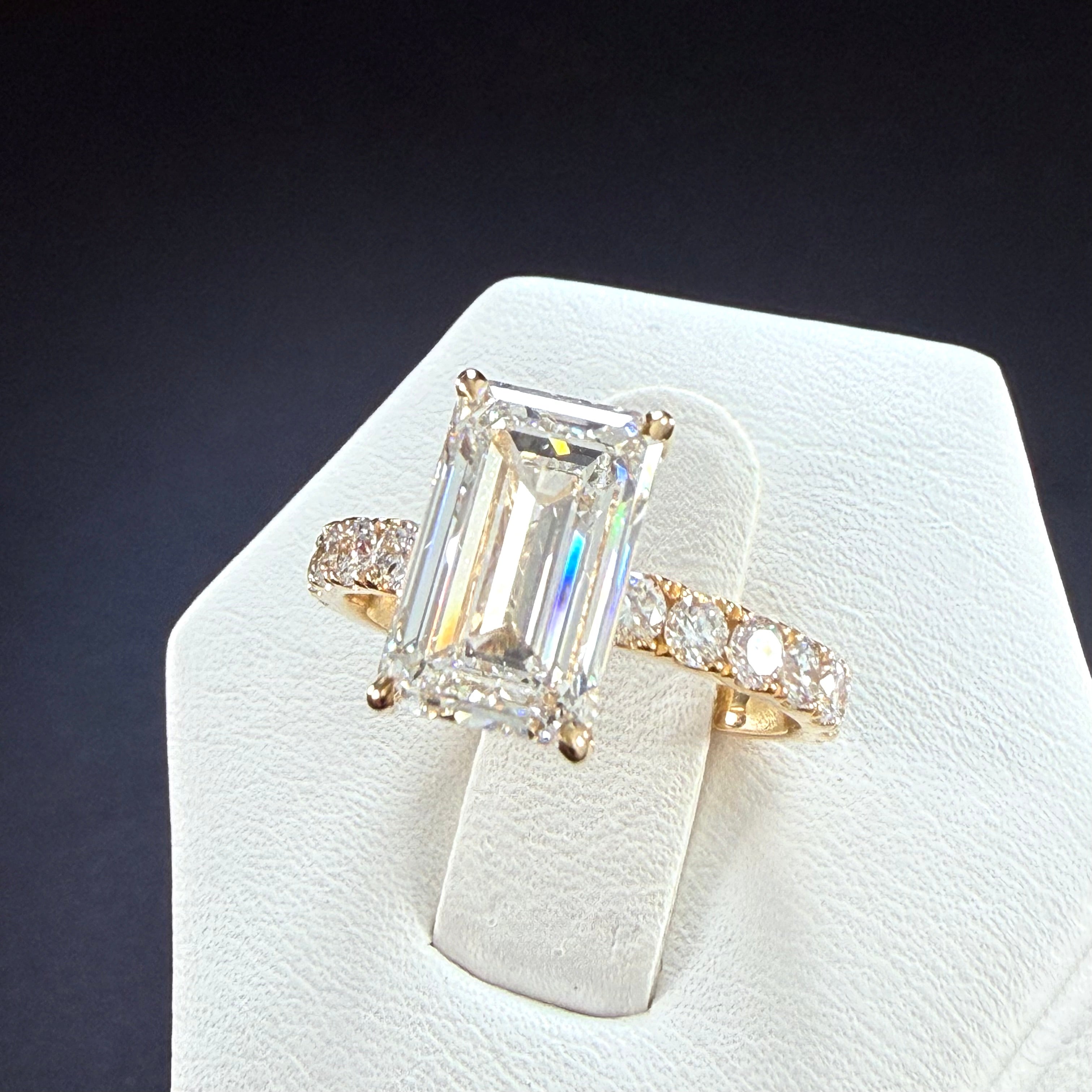 Elongated Emerald Cut Lab Grown Diamond Engagement Ring | 3.75ct IGI Certified | 14K Yellow Gold Pavé