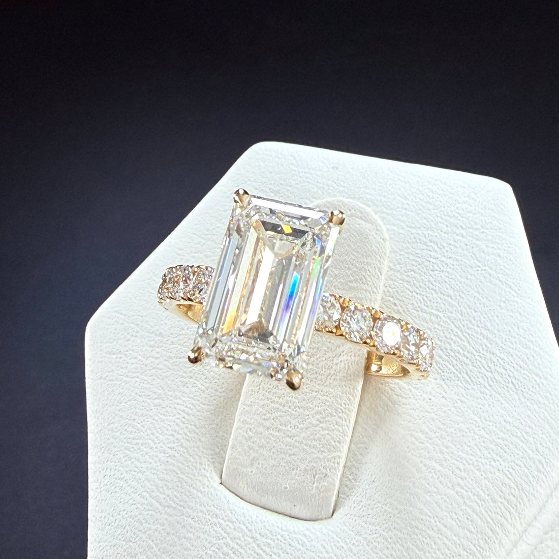 Elongated Emerald Cut Lab Grown Diamond Engagement Ring | 3.75ct IGI Certified | 14K Yellow Gold Pavé