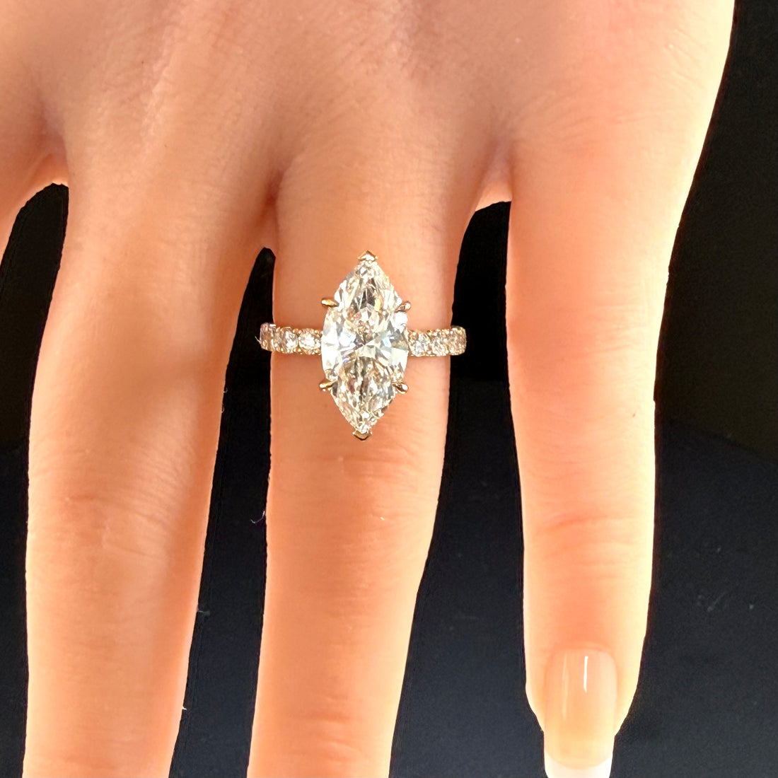 Marquise Cut Lab Grown Diamond Engagement Ring | 3.75ct IGI Certified | 14K Yellow Gold Pavé