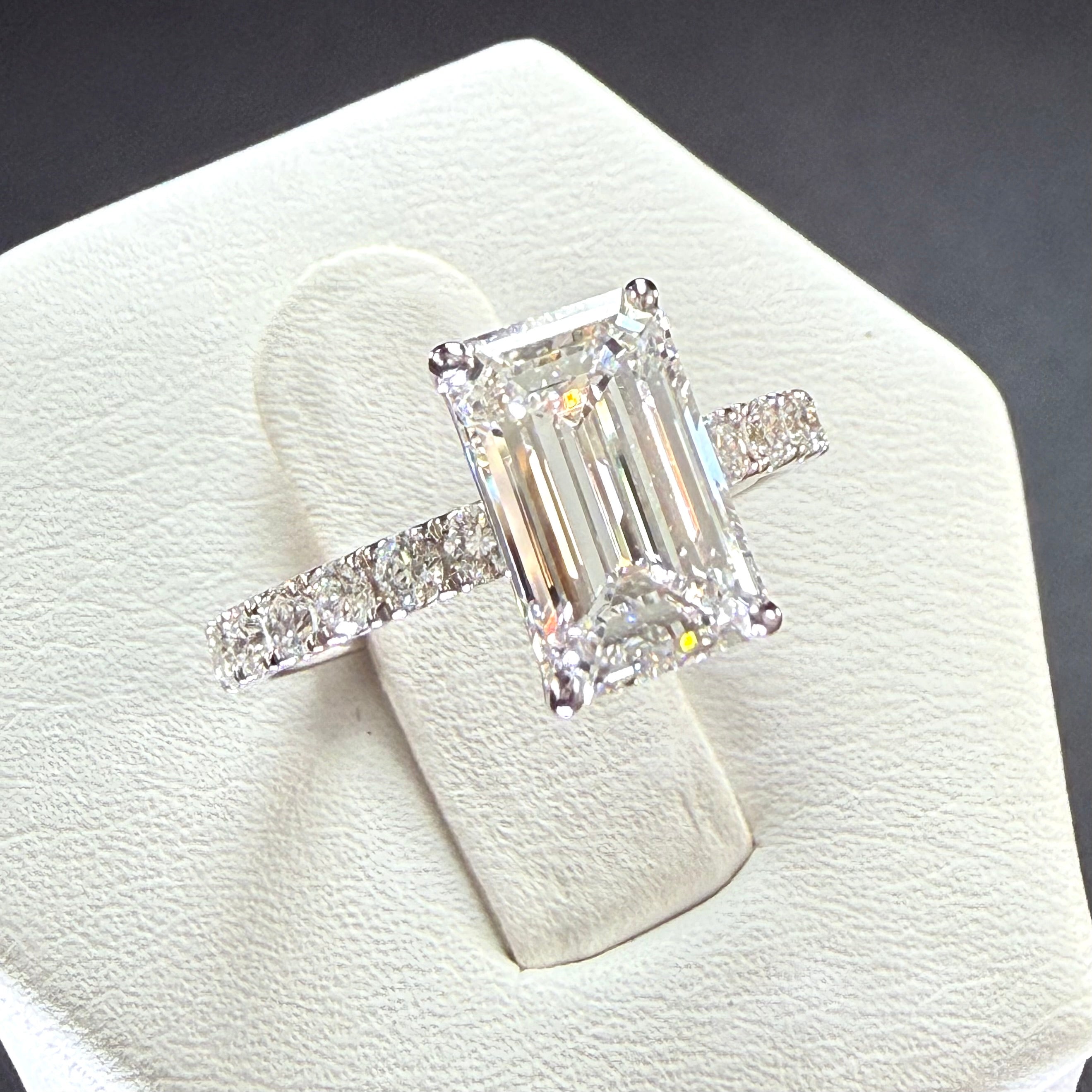Elongated Emerald Cut Lab Grown Diamond Engagement Ring | 2.25ct IGI Certified | 14K White Gold Pavé