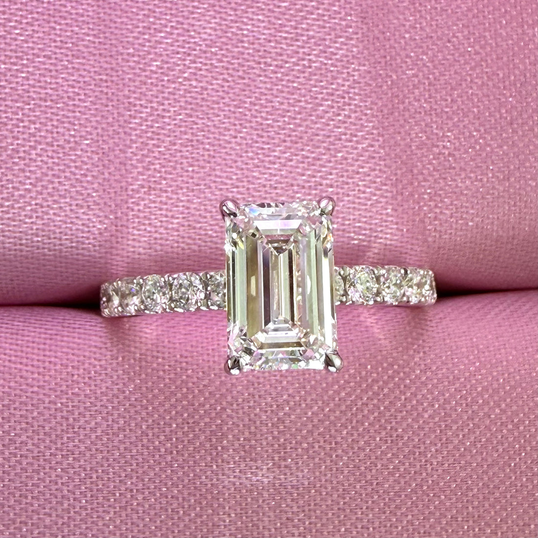 Elongated Emerald Cut Lab Grown Diamond Engagement Ring | 2.77ct IGI Certified | 14K White Gold Pavé