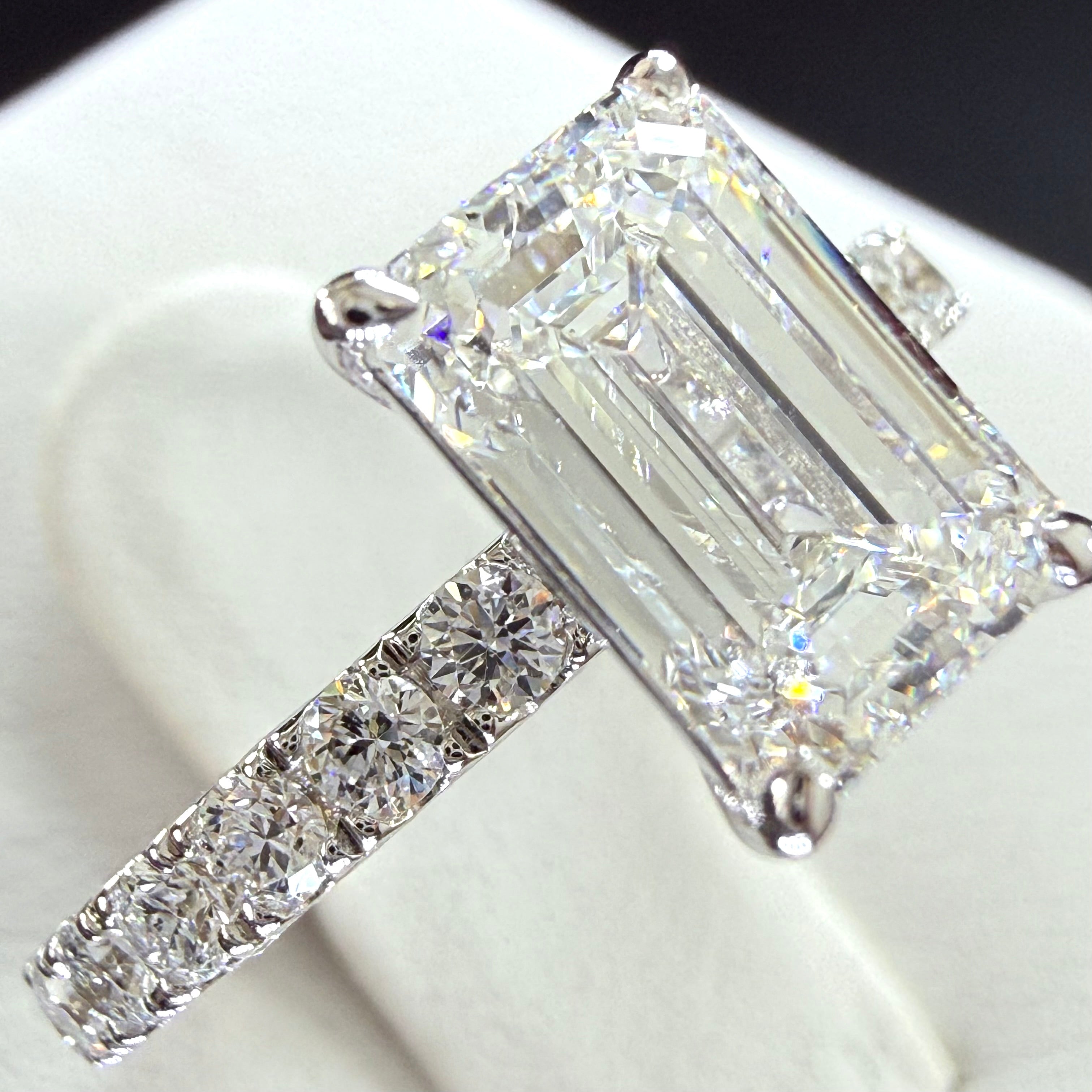 Elongated Emerald Cut Lab Grown Diamond Engagement Ring | 2.77ct IGI Certified | 14K White Gold Pavé