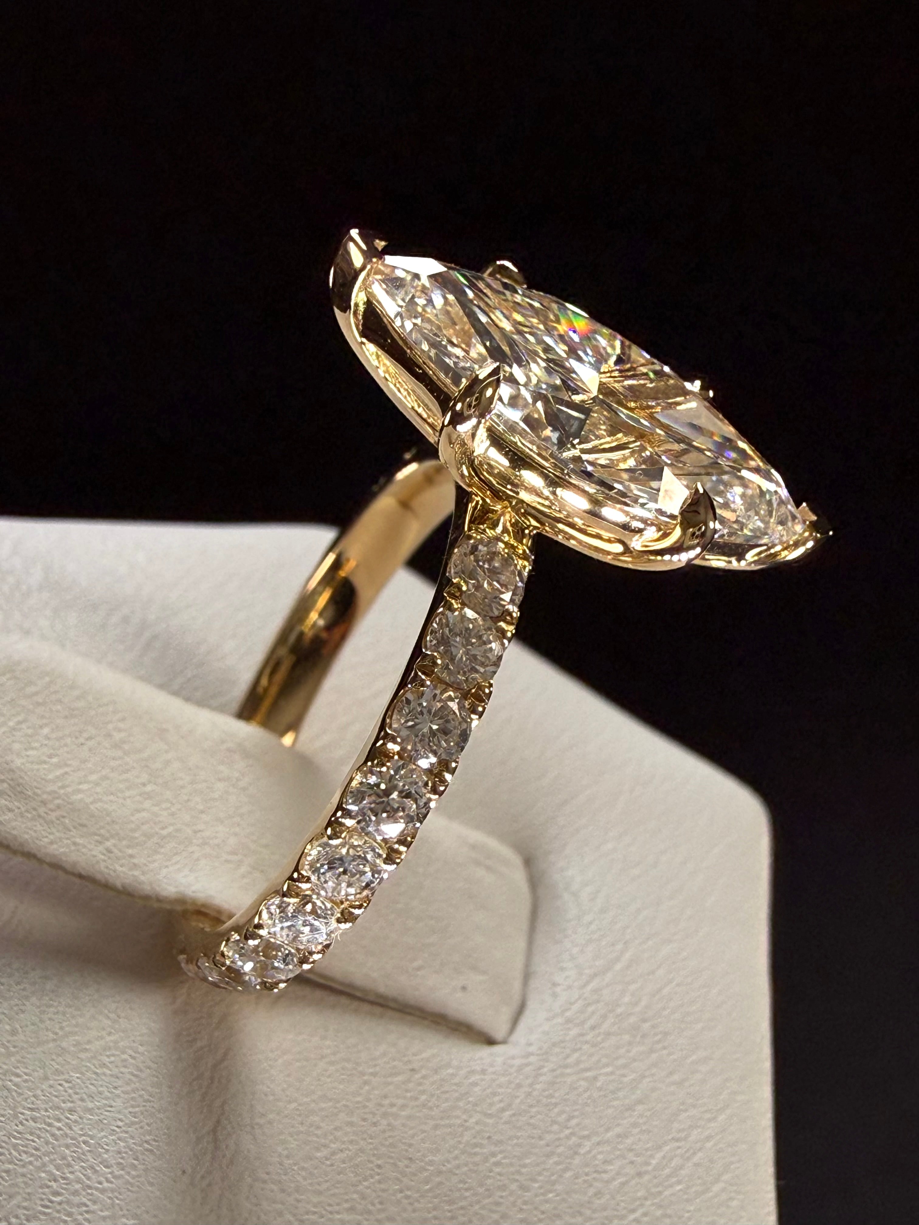 Marquise Cut Lab Grown Diamond Engagement Ring | 3.75ct IGI Certified | 14K Yellow Gold Pavé