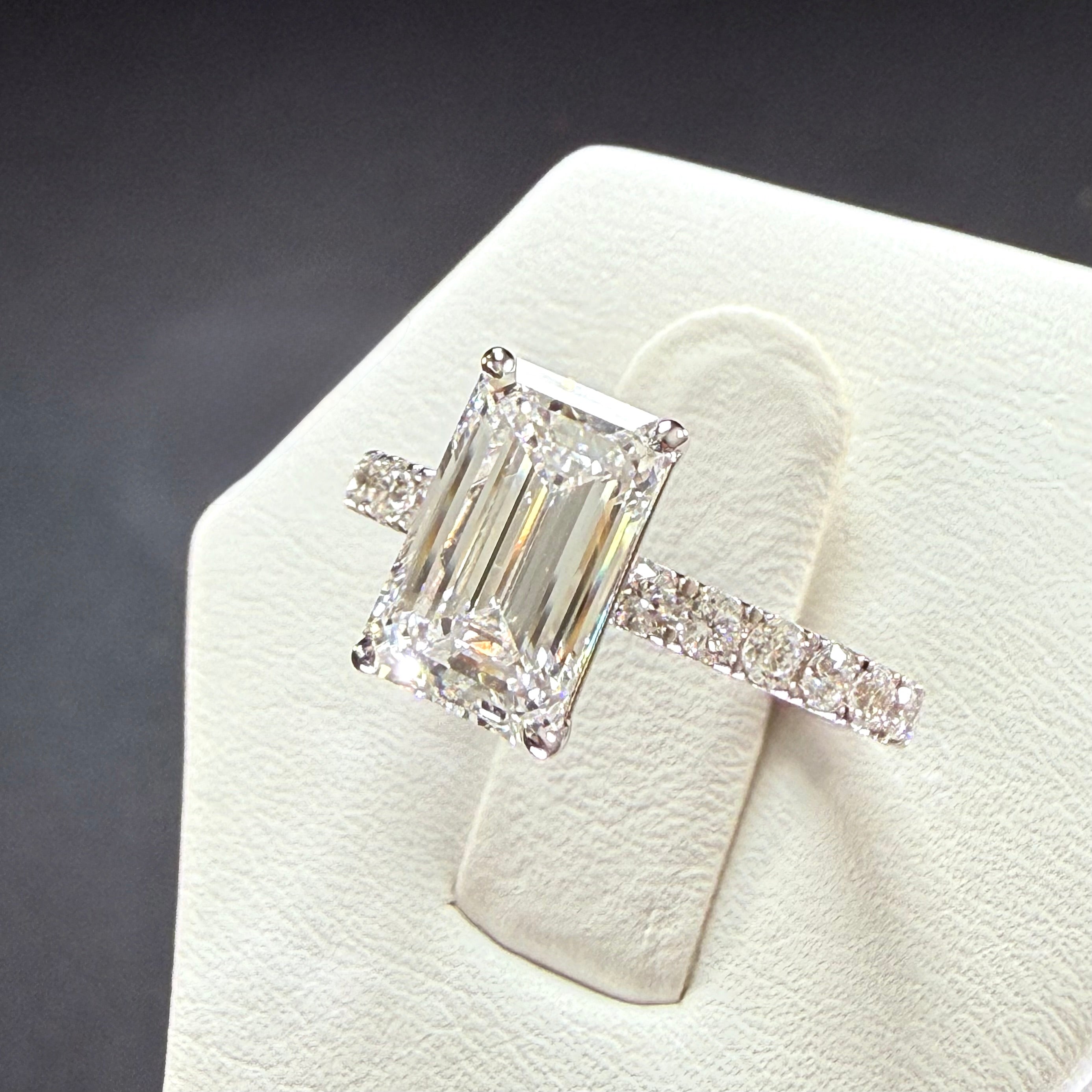 Elongated Emerald Cut Lab Grown Diamond Engagement Ring | 2.25ct IGI Certified | 14K White Gold Pavé