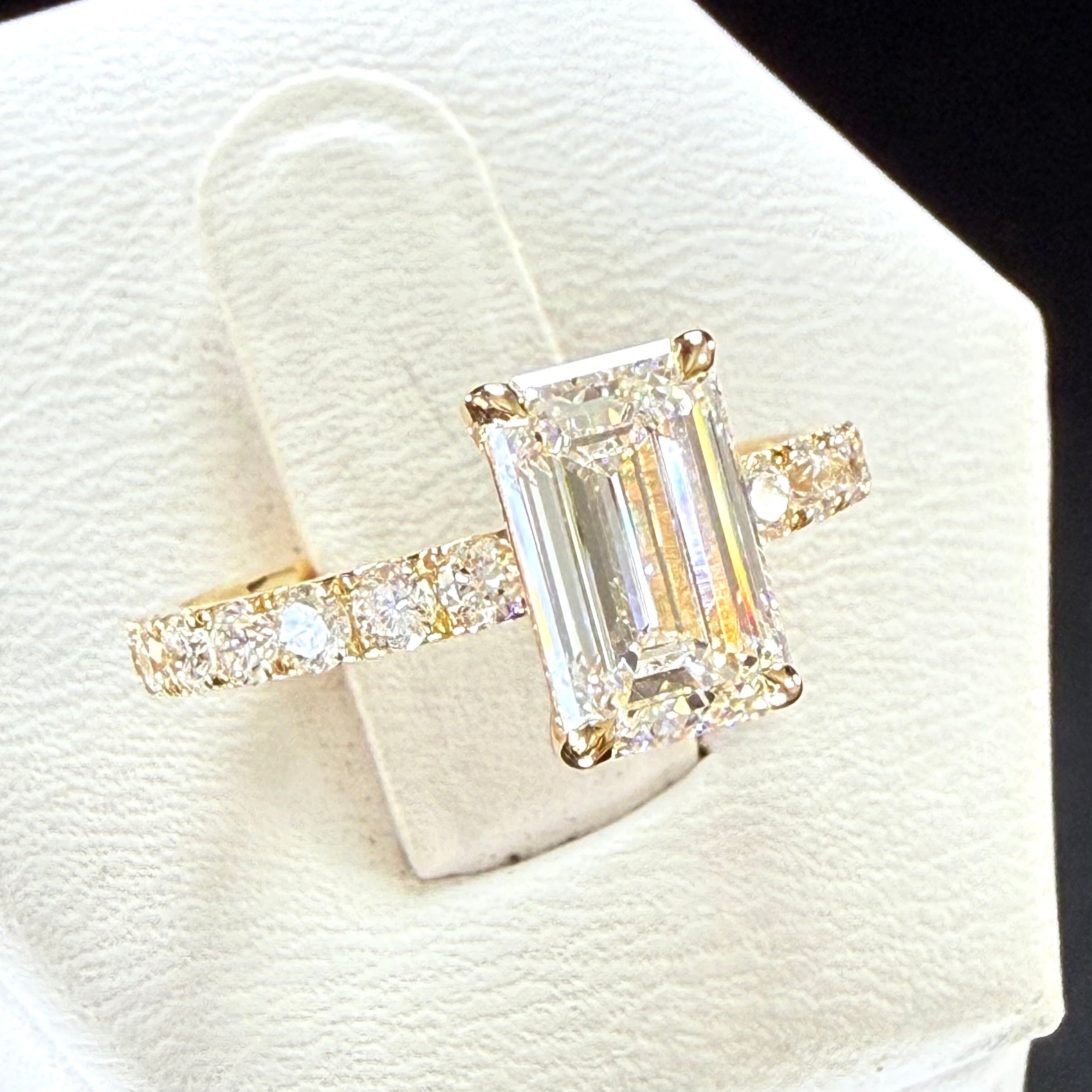 2.25 CTTW Elongated Emerald Cut Lab Grown Diamond IGI Certified 14K Pave Yellow Gold Engagement Ring