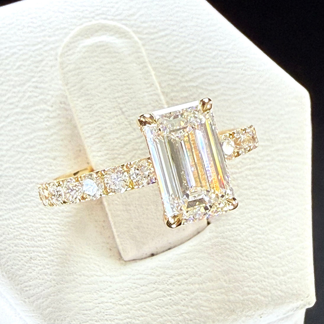 2.25 CTTW Elongated Emerald Cut Lab Grown Diamond IGI Certified 14K Pave Yellow Gold Engagement Ring