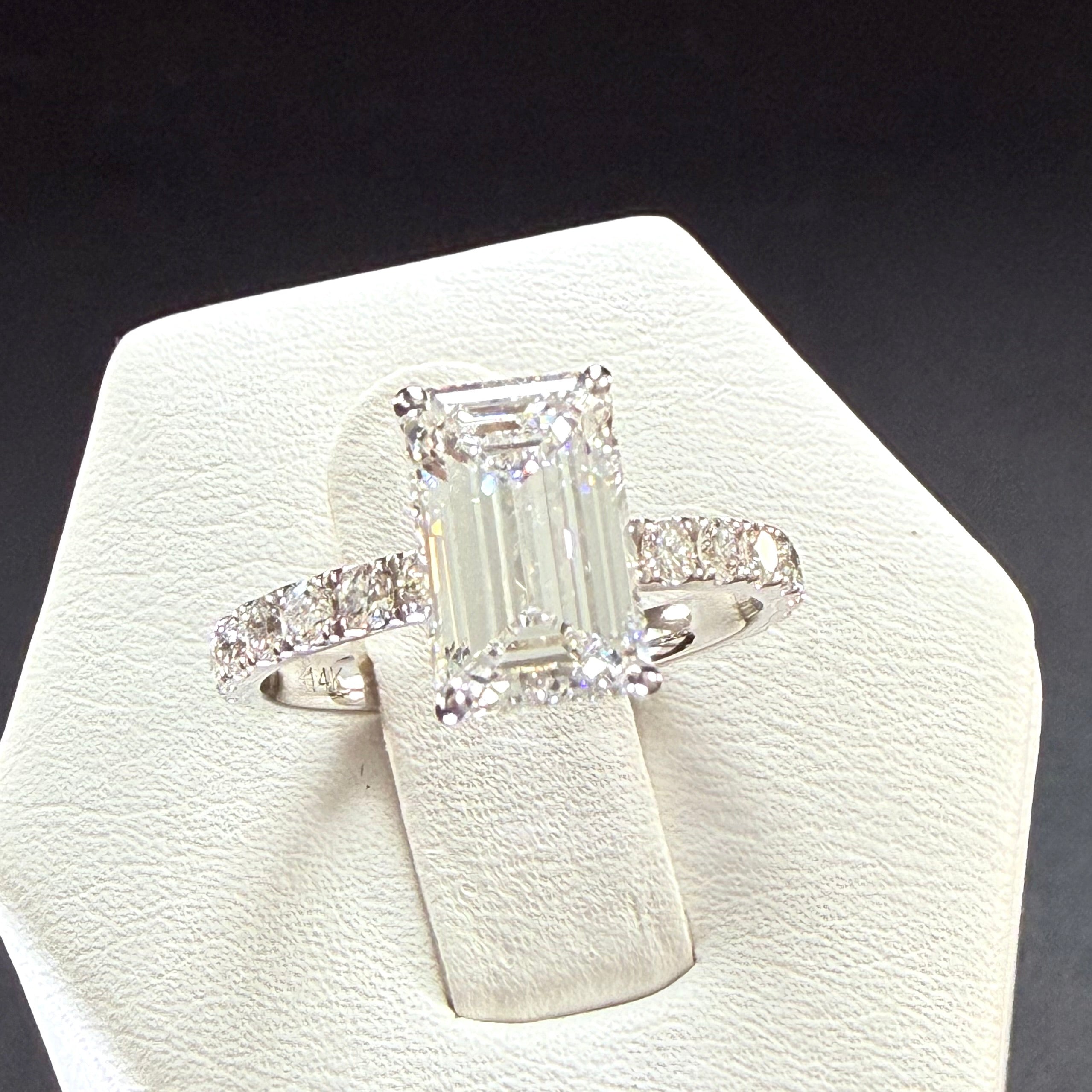 Elongated Emerald Cut Lab Grown Diamond Engagement Ring | 2.25ct IGI Certified | 14K White Gold Pavé