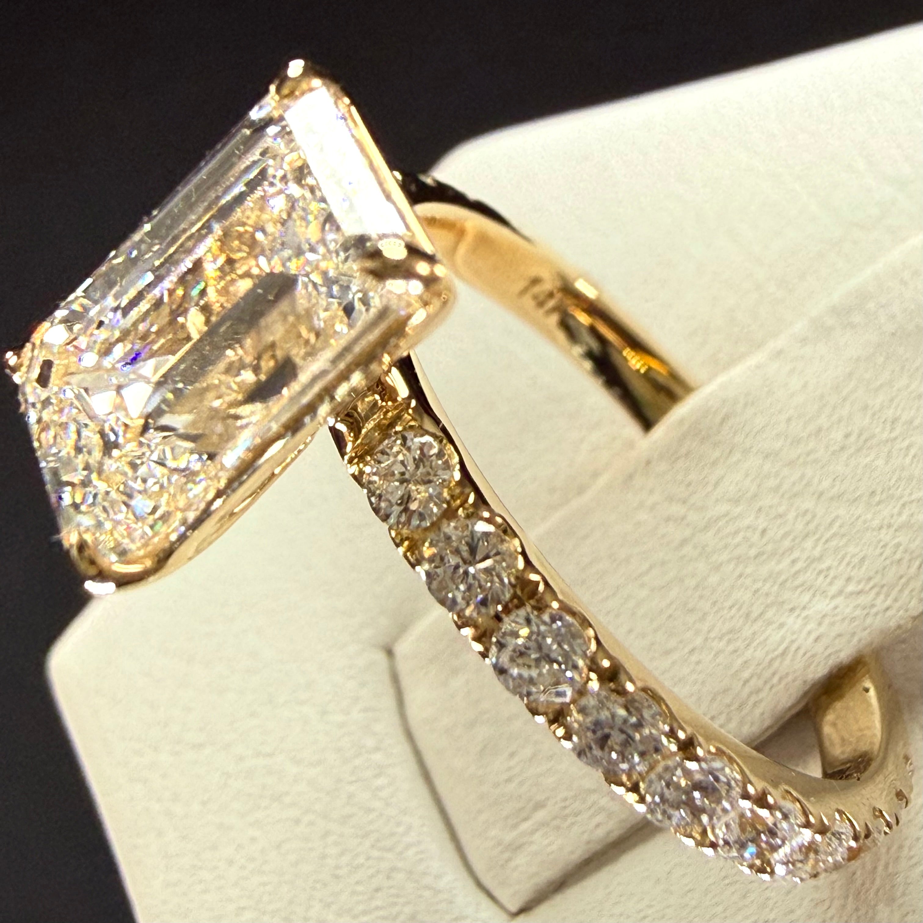 Elongated Emerald Cut Lab Grown Diamond Engagement Ring | 2.8ct IGI Certified | 14K Yellow Gold Pavé