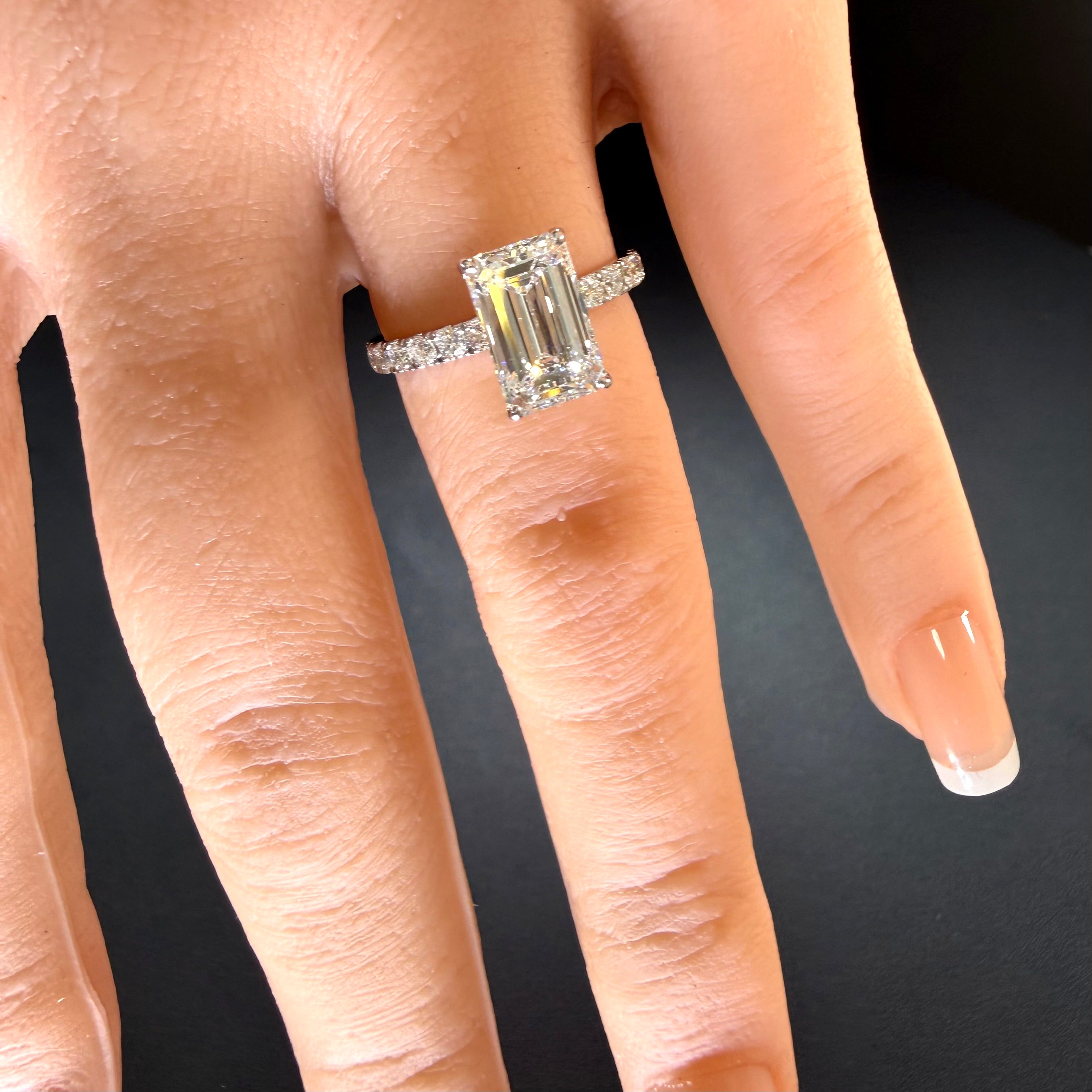 Elongated Emerald Cut Lab Grown Diamond Engagement Ring | 2.25ct IGI Certified | 14K White Gold Pavé