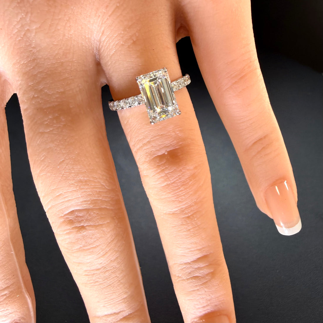 Elongated Emerald Cut Lab Grown Diamond Engagement Ring | 2.25ct IGI Certified | 14K White Gold Pavé