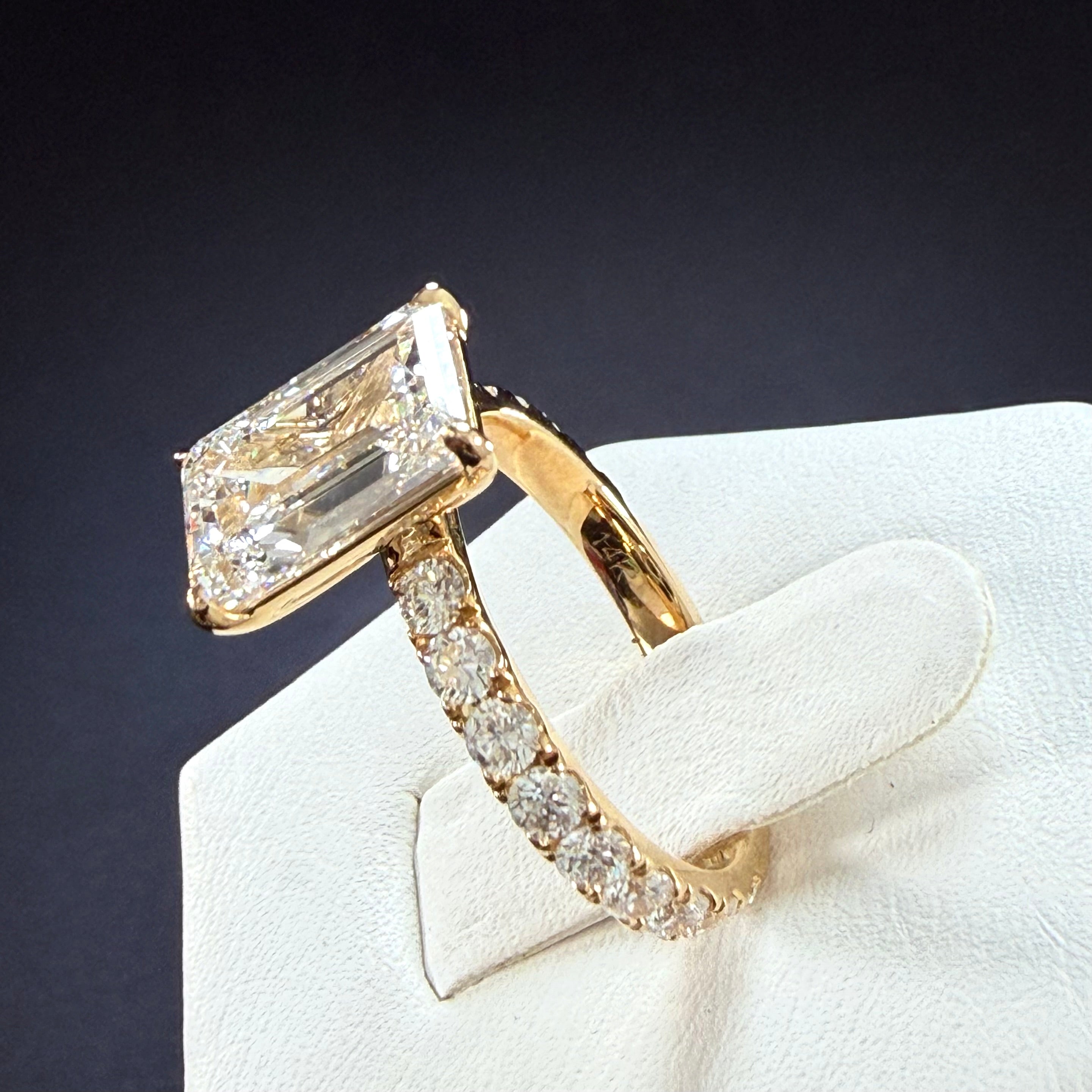 Elongated Emerald Cut Lab Grown Diamond Engagement Ring | 3.75ct IGI Certified | 14K Yellow Gold Pavé