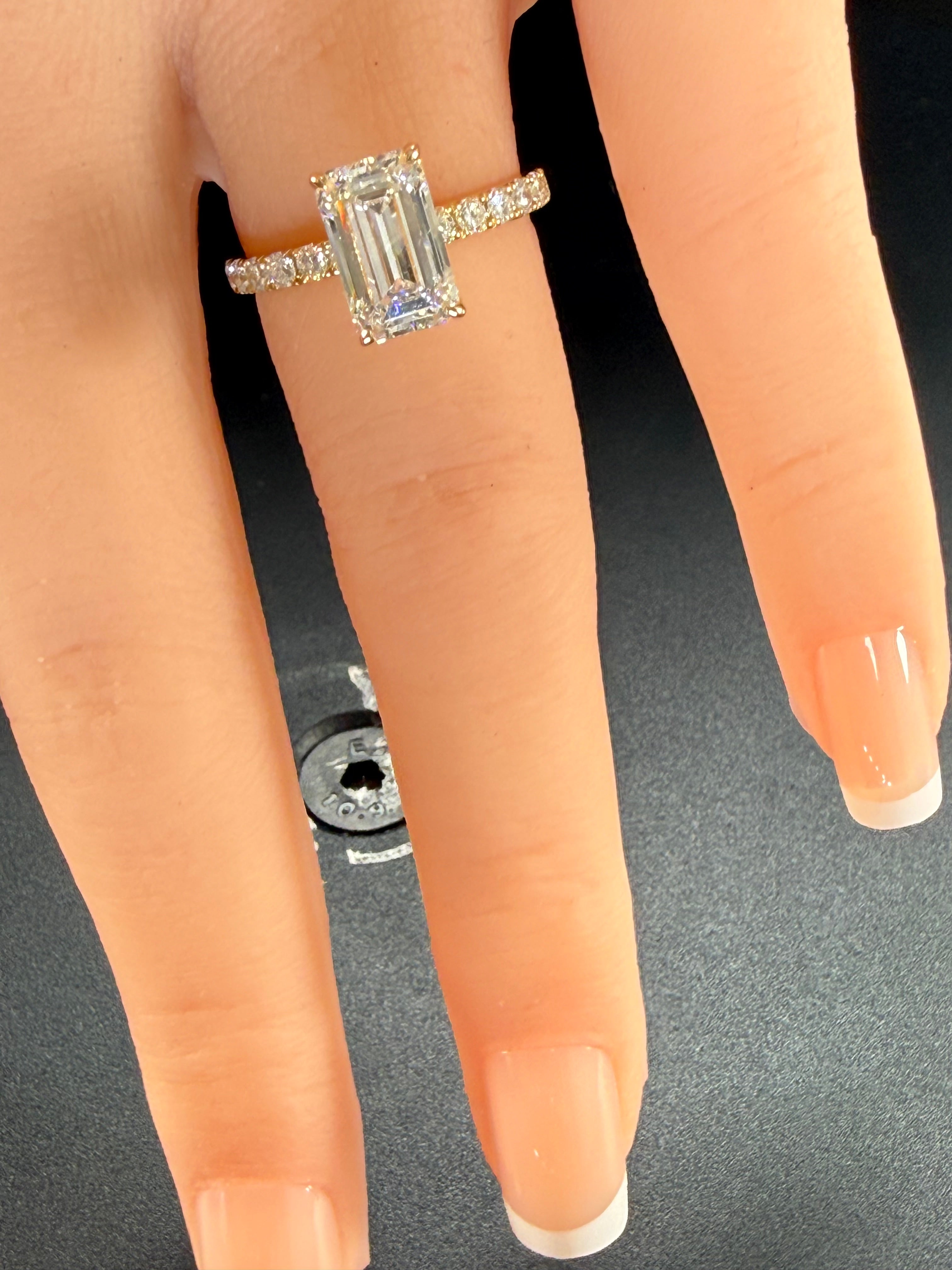 Elongated Emerald Cut Lab Grown Diamond Engagement Ring | 2.8ct IGI Certified | 14K Yellow Gold Pavé
