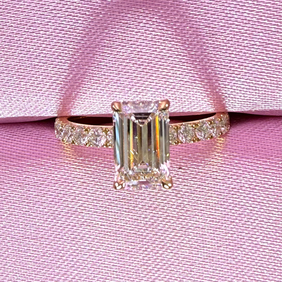 2.25 CTTW Elongated Emerald Cut Lab Grown Diamond IGI Certified 14K Pave Yellow Gold Engagement Ring