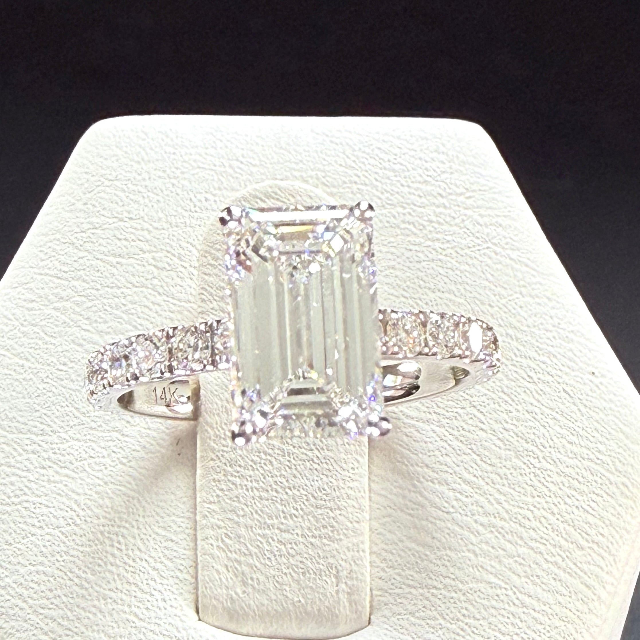 Elongated Emerald Cut Lab Grown Diamond Engagement Ring | 2.25ct IGI Certified | 14K White Gold Pavé