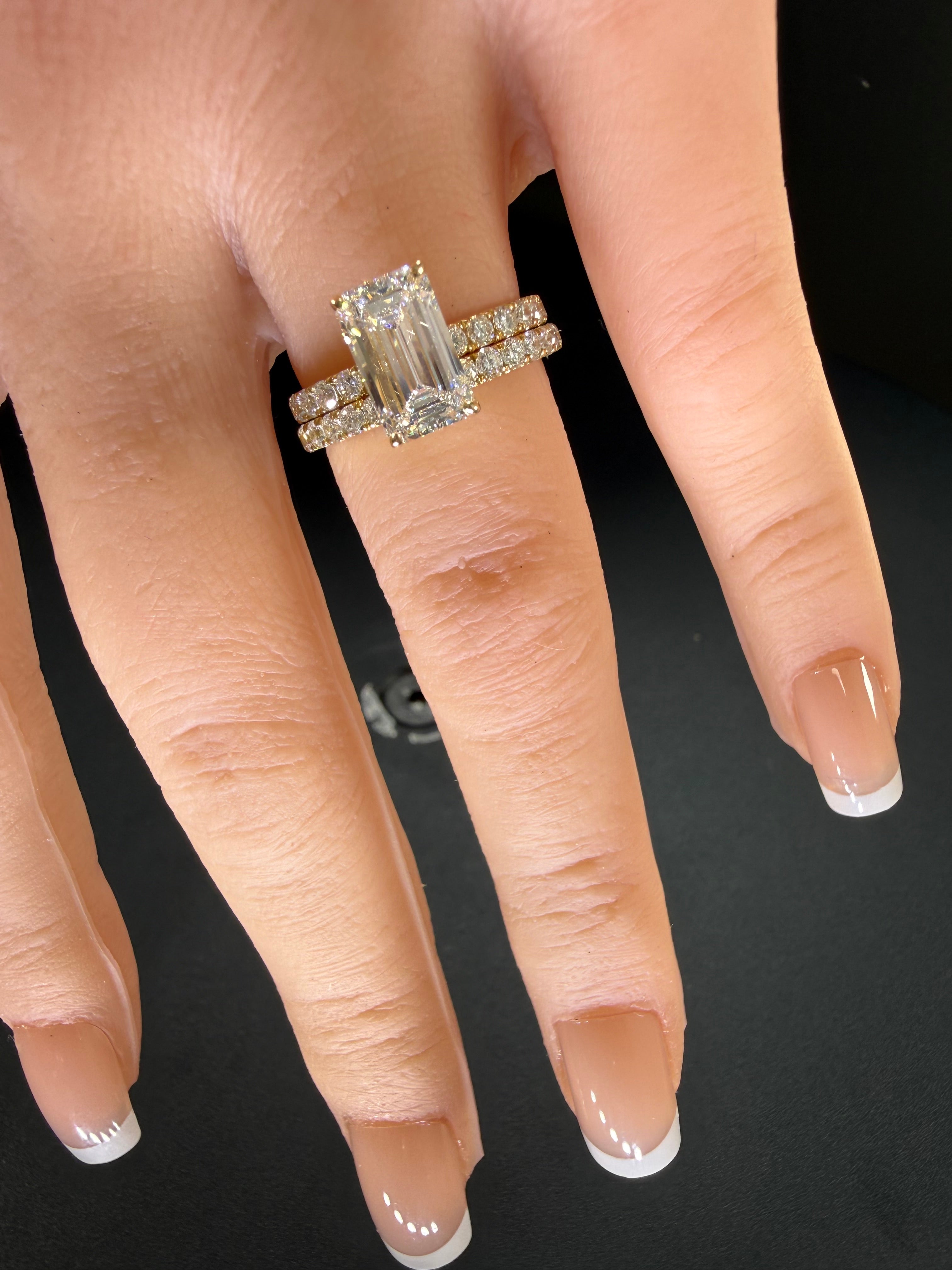 Elongated Emerald Cut Lab Grown Diamond Engagement Ring | 2.8ct IGI Certified | 14K Yellow Gold Pavé