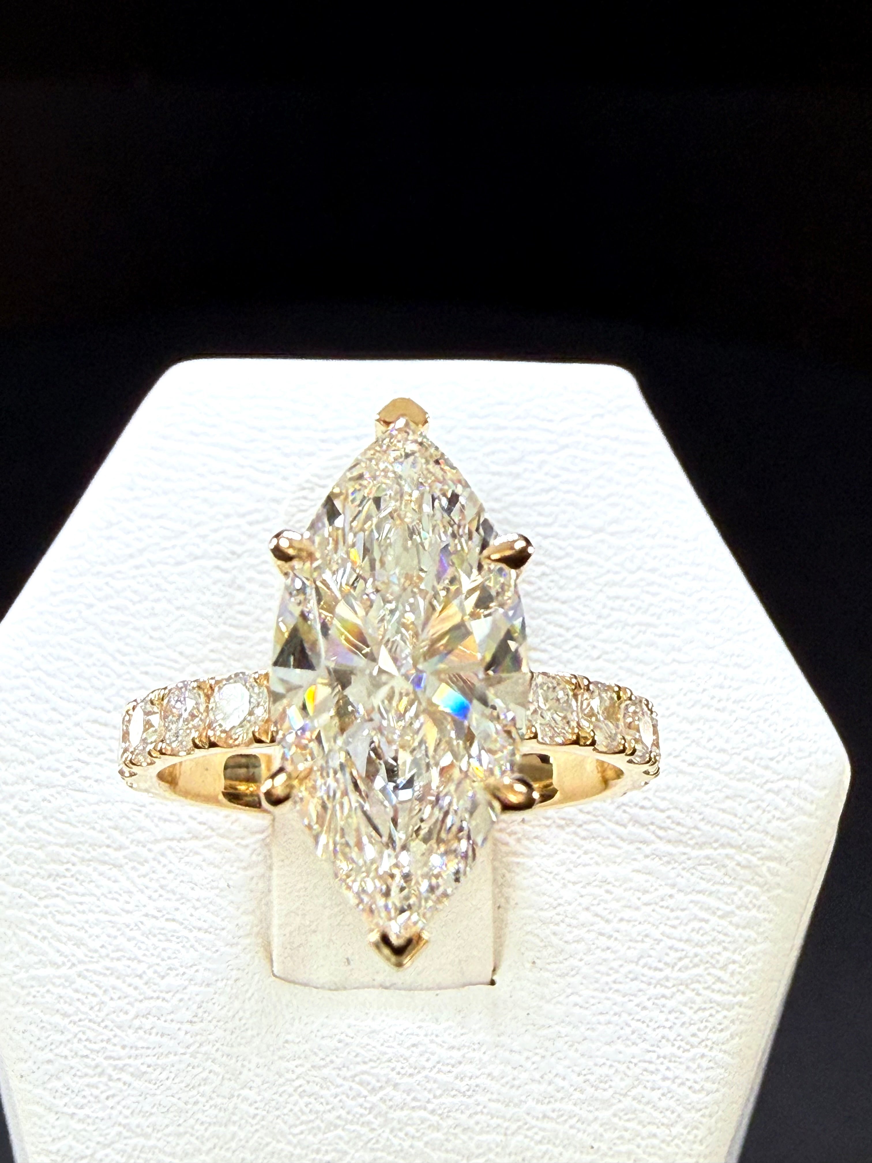 Marquise Cut Lab Grown Diamond Engagement Ring | 3.75ct IGI Certified | 14K Yellow Gold Pavé