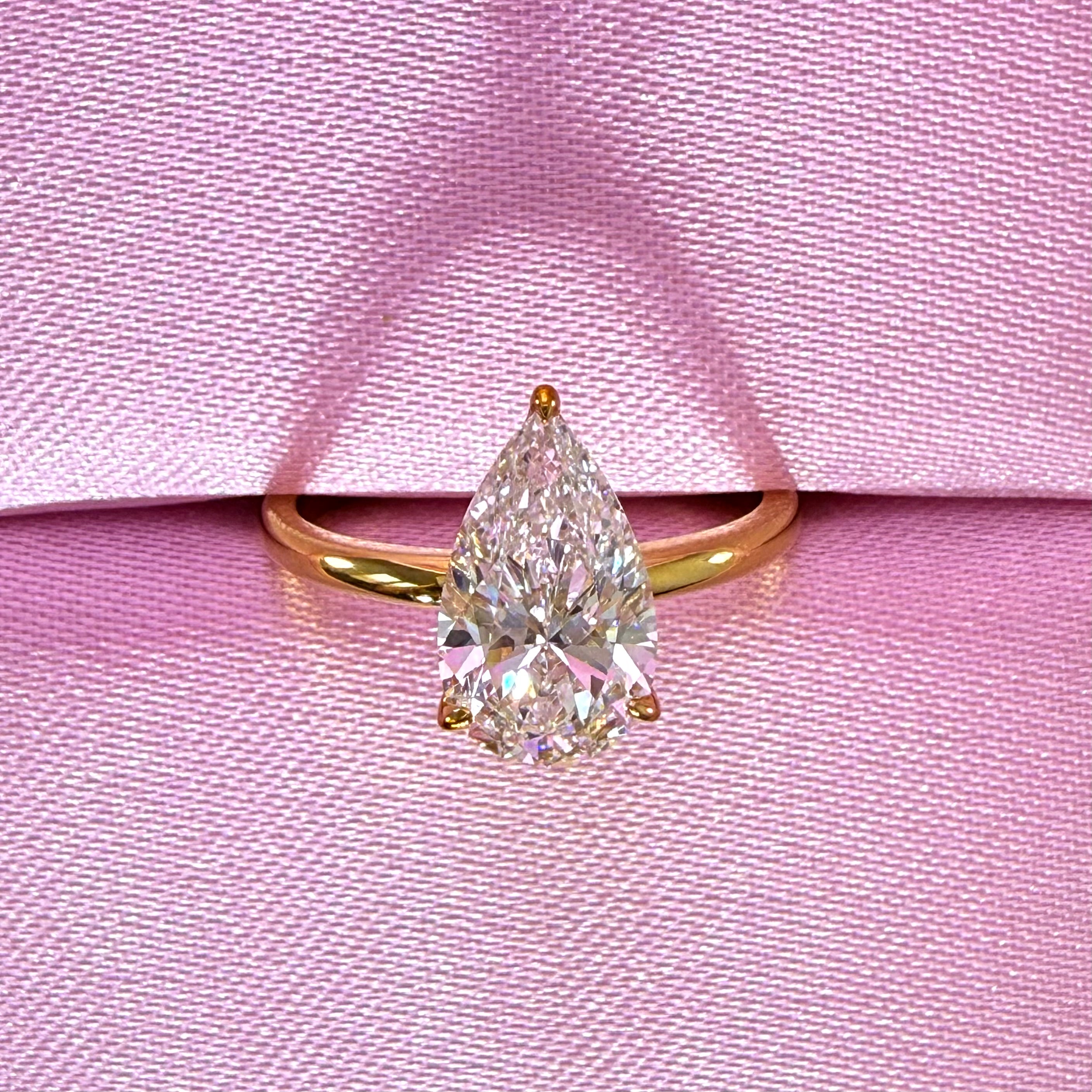 3.03ct Total Weight Pear Cut Lab Grown Diamond IGI Certified 14K Solitaire Yellow Gold Engagement Ring
