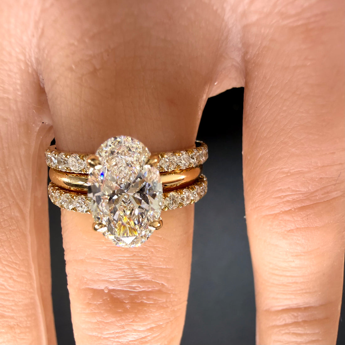 3.03ct Total Weight Oval Cut Lab Grown Diamond IGI Certified 14K Yellow Gold Engagement Ring