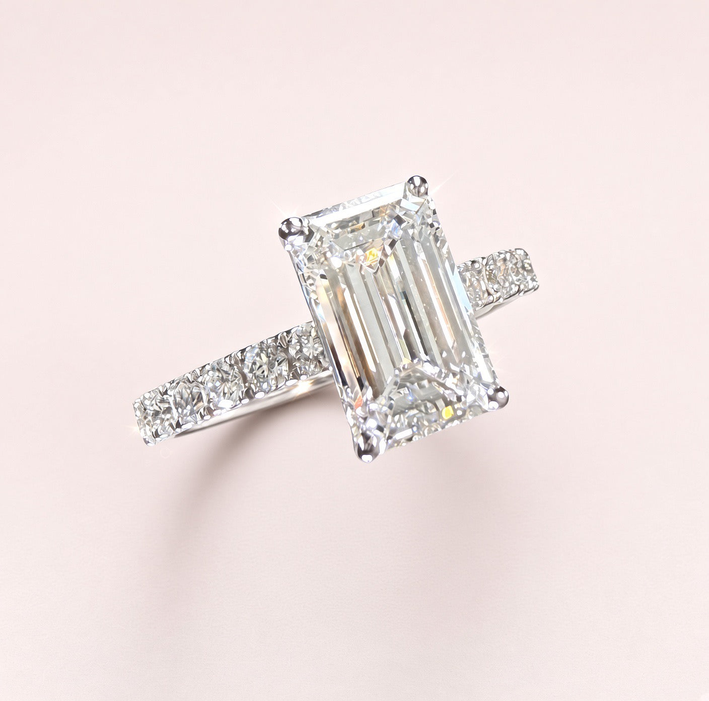 Elongated Emerald Cut Lab Grown Diamond Engagement Ring | 2.25ct IGI Certified | 14K White Gold Pavé