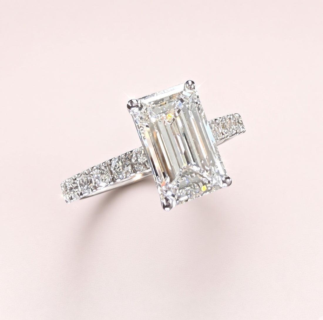 Elongated Emerald Cut Lab Grown Diamond Engagement Ring | 2.25ct IGI Certified | 14K White Gold Pavé