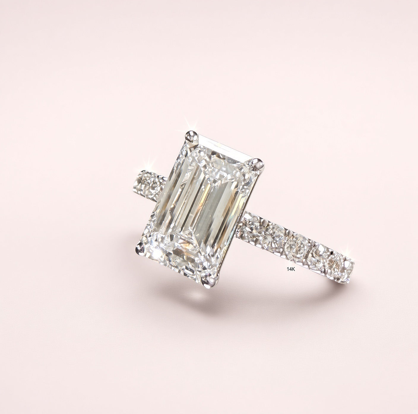 Elongated Emerald Cut Lab Grown Diamond Engagement Ring | 2.25ct IGI Certified | 14K White Gold Pavé
