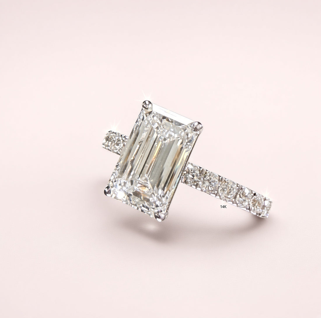 Elongated Emerald Cut Lab Grown Diamond Engagement Ring | 2.25ct IGI Certified | 14K White Gold Pavé