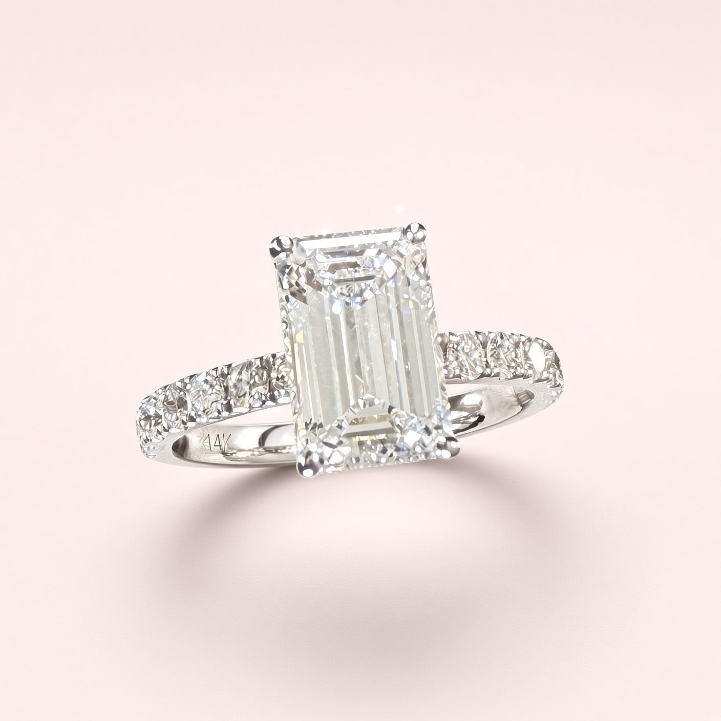 Elongated Emerald Cut Lab Grown Diamond Engagement Ring | 2.25ct IGI Certified | 14K White Gold Pavé
