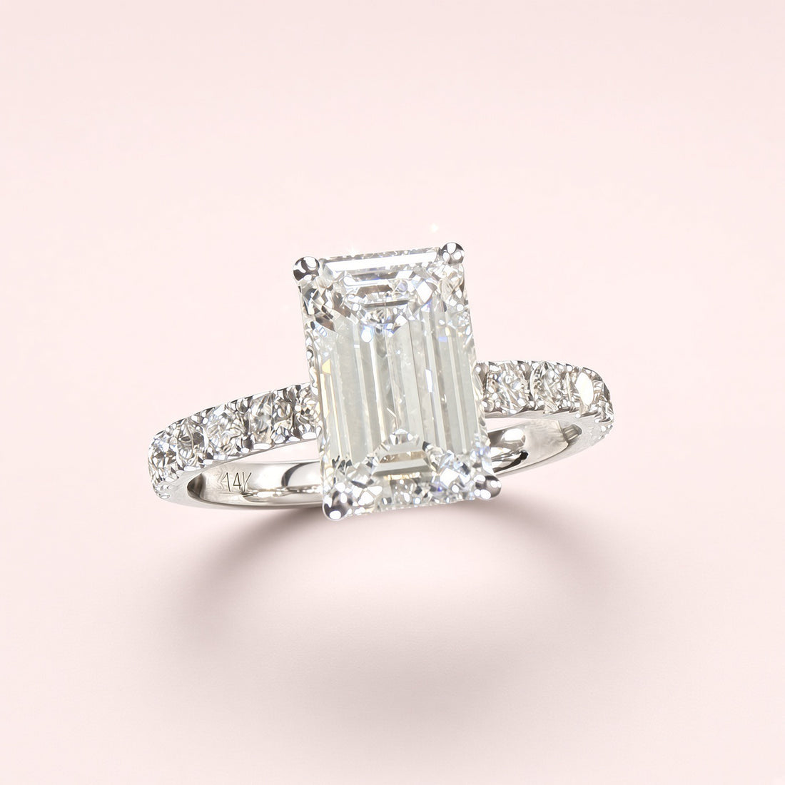 Elongated Emerald Cut Lab Grown Diamond Engagement Ring | 2.25ct IGI Certified | 14K White Gold Pavé