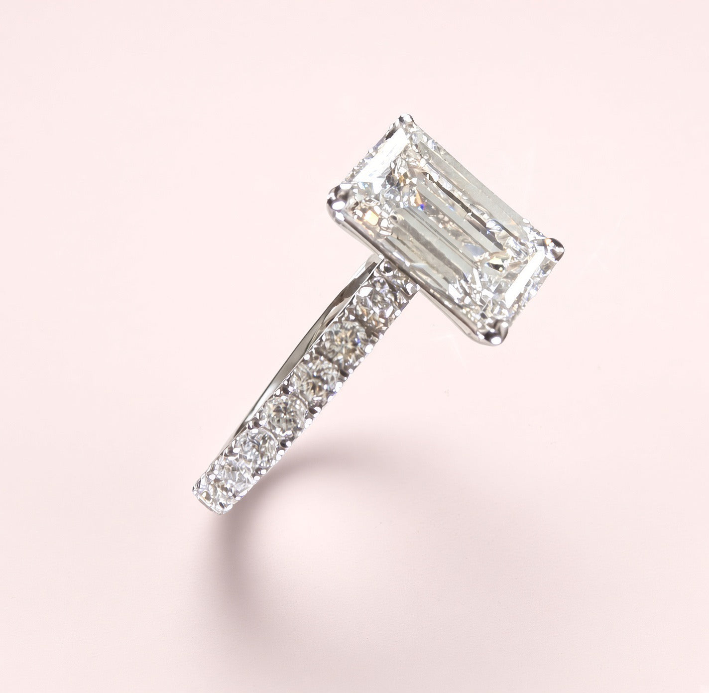 Elongated Emerald Cut Lab Grown Diamond Engagement Ring | 2.25ct IGI Certified | 14K White Gold Pavé