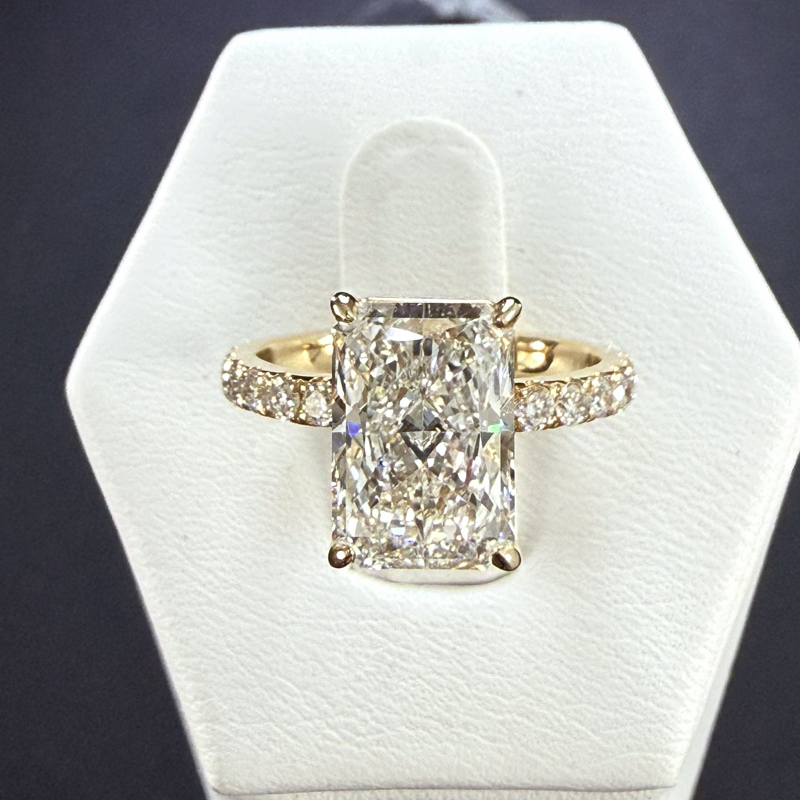 3.78ct Total Weight Radiant Cut Lab Grown Diamond IGI Certified 14K Yellow Gold Engagement Ring