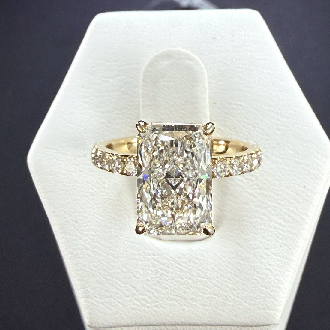 3.78ct Total Weight Radiant Cut Lab Grown Diamond IGI Certified 14K Yellow Gold Engagement Ring