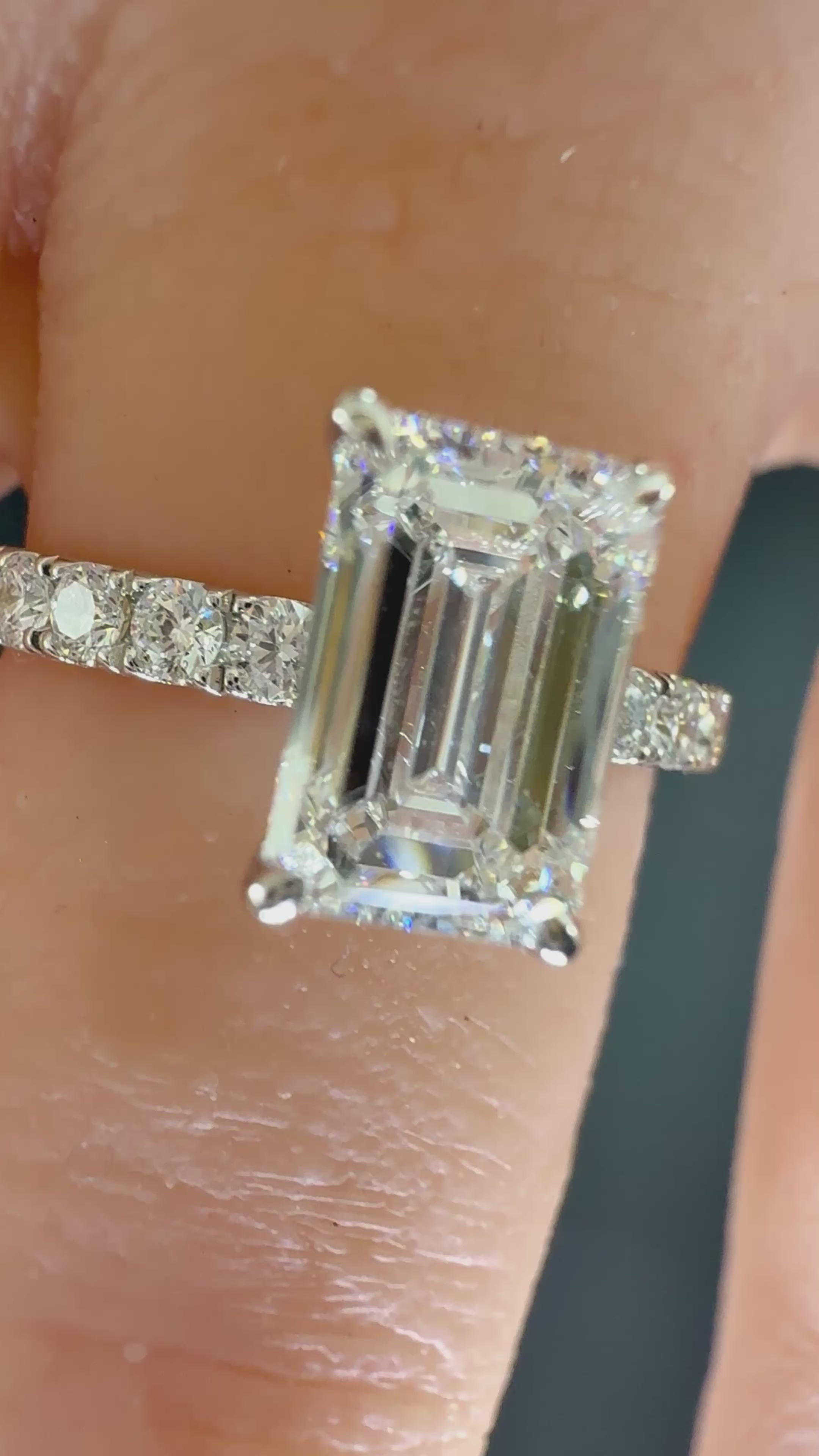 Elongated Emerald Cut Lab Grown Diamond Engagement Ring | 2.77ct IGI Certified | 14K White Gold Pavé